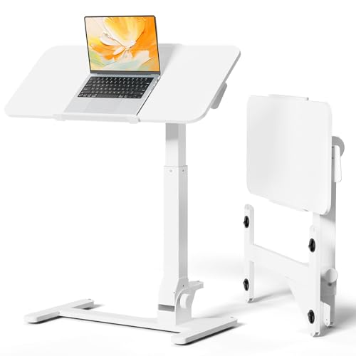 JOY worker Foldable Overbed Bedside Table, 180° Tiltable Mobile Standing Desk with Wheels, 31.5" Pneumatic Height Adjustable Rolling Laptop Desk for Home & Hospital Use, Easy Storage, White JOY worker