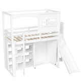 Merax Multifunction Wood Loft Bed with Wardrobe & Storage Shelves, Twin House Shaperd Loft Bed with Slide for Boys, Girls, No Box Spring Needed, Space Saving, White Merax