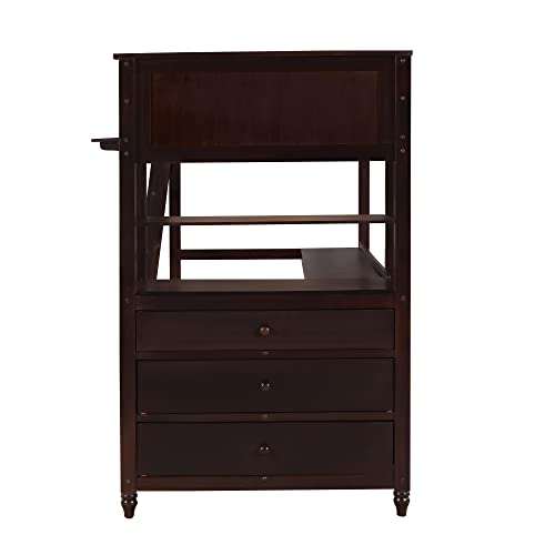 Twin Size Loft Bed with Desk and Drawers, Solid Wood Loft Bed with Storage Shelves for Kids Teens Adults - Espresso Bellemave