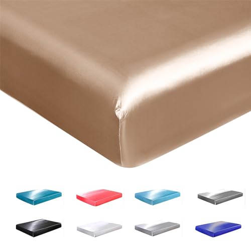 JNTKE Silk Satin Fitted Sheet, King Silky Soft Fitted Bottom Sheet, Luxury & Ultra Bedding Fitted Sheet Single Bottom Bed Sheets, Wrinkle Free, Fade Resistant Bedding, Khaki JNTKE