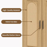 Patikuin Rattan Sideboard Buffet Cabinet, 4 Doors Accent Storage Cabinet, Console Table Coffee Bar with Power Outlet, Adjustable Shelves for Kitchen, Dining Room, Hallway, Living Room, Natural Patikuin