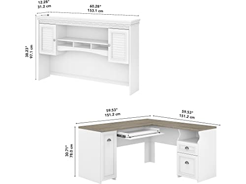 Bush Furniture Fairview L Shaped Desk with Hutch, Drawers and Storage Cabinet Corner Computer Table for Home Office with Pewter Accents, 60W, Shiplap Gray/Pure White - WoodArtSupply