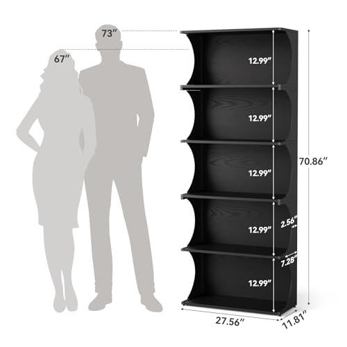 LITTLE TREE 5-Tier Bookcase, 70.8" Tall Open Bookshelf with Unique Curved-Edge Design, Modern Display & Storage Rack, Floor Standing Shelves for Home Office, Living Room, Bedroom, Studies, Black LITTLE TREE