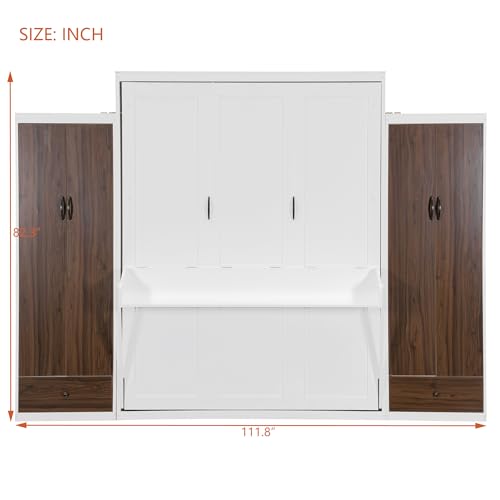 Flieks Full Size Murphy Bed, Wooden Full Wall Bed with Closet, Drawers and Desk, White Flieks