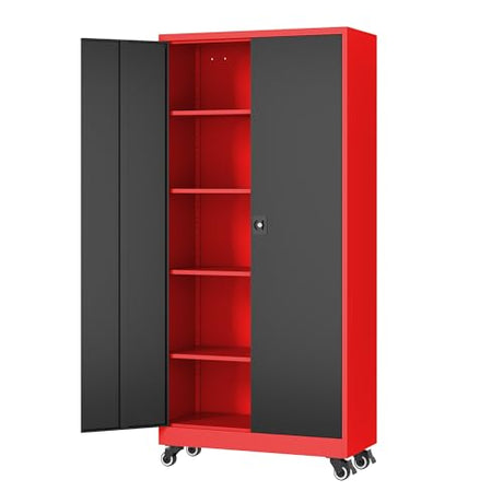 Fesbos Metal Rolling Storage Cabinet-74.6” Tall Steel File Cabinets with Wheels Lockable Doors and Adjustable Shelves-Black & Red Steel Storage Cabinet for Home, School, Office, Garage Fesbos