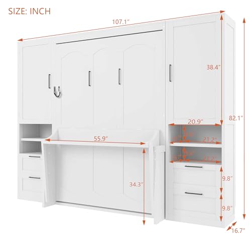 SOFTSEA Full Murphy Bed with Desk and Wardrobe, 107" Hidden Wall Bed with Double Wardrobes, 4 Drawers, Space Saving Fold Down for Small Spaces, Guest Room, Studio, Home Office, White SOFTSEA