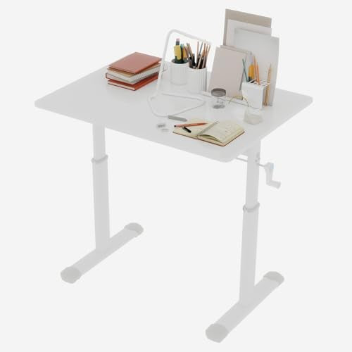 Penau Height Adjustable Study Desk, Manual Crank Standing Desk for Home Office and Kids, Minimalist White Engineered Wood Top with White Iron Frame, Compact Rectangular 32.68 x 23.62 x 35.43 Inchs Penau