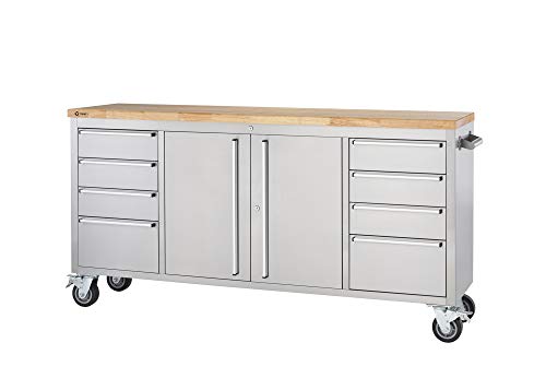 Stainless Steel Rolling Rubberwood Top Workbench TRINITY