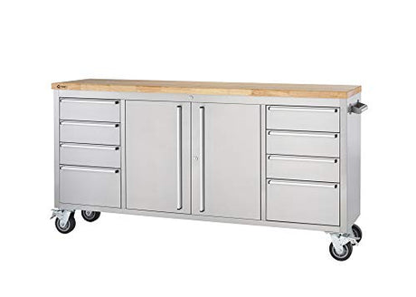 Stainless Steel Rolling Rubberwood Top Workbench TRINITY