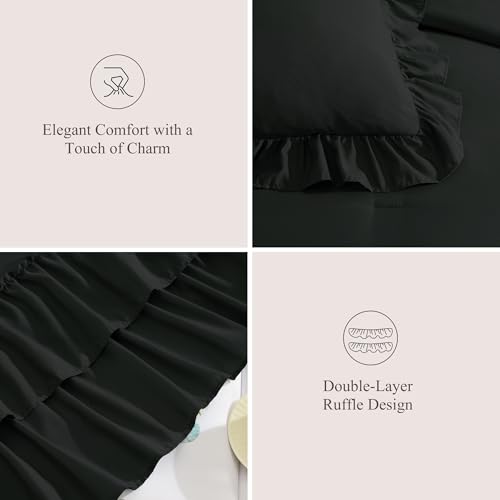 AMBERSPACE Queen Comforter Set Black, Ruffle Shabby Chic Bedding Set Farmhouse 7 Pieces, All Season Fluffy Bed in a Bag with Sheets, Pillowcases & Shams AMBERSPACE