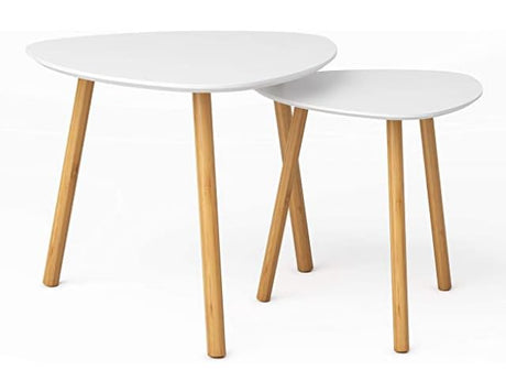 BAMEOS Bamboo Nesting Triangle End Table,Set of 2 Coffee Table Modern Minimalist Side Table for Living Room, Balcony in White BAMEOS