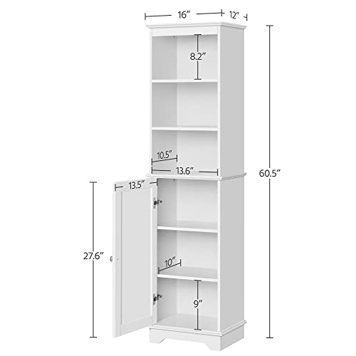 Yaheetech Tall Slim Bathroom Storage Cabinet with 3 Shelves, Enclosed Door, and Modern Design in White - WoodArtSupply