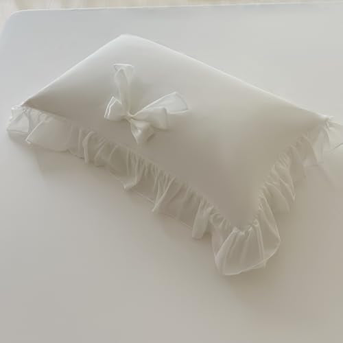 SOUKECHY Ruffled Bedding Bow Duvet Cover Set with Butterfly Tie, Soft Brushed Microfiber Shabby Chic Bedding Set with Zipper Closure-White,Queen SOUKECHY