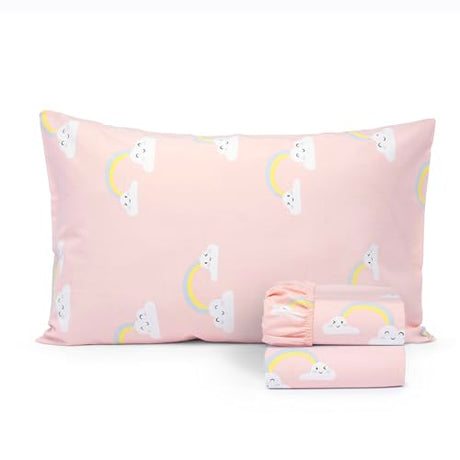 Salt Earth 100% Cotton 210TC Kids Bedsheet, Twin Sheets Set for Toddler Bed, 3 Piece Bedding Set Including Flat Sheet, Fitted Sheet, and Pillowcase, Themed Cute Sheets for Playful Kids Bed(Rainbow) Salt Earth