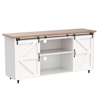 4ever2buy Farmhouse Coffee Bar Cabinet with Storage, 58'' Buffet Cabinet with Sliding Barn Door, White Coffee Bar Table with Wood Gourd Feet, Buffet Table for Living Dining Room