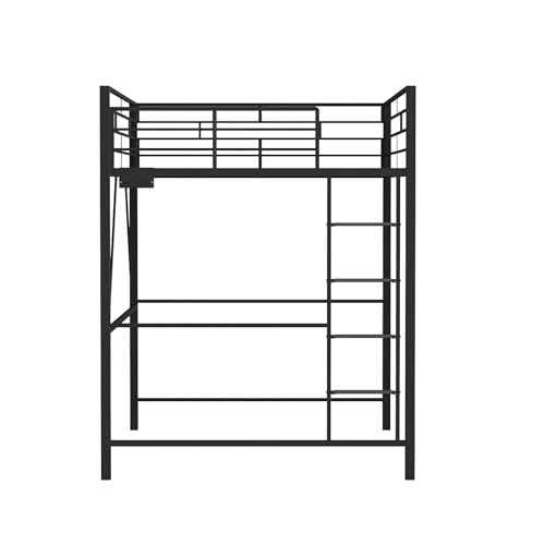 VINGLI Loft Bed Twin Size with 15 Inches Safety Guardrail, Flat Rungs, LED Lights and Charging Station, Heavy Duty Metal Single High Sleeper for Small Space Saving, Kids room and Dorm Apartment, Black VINGLI