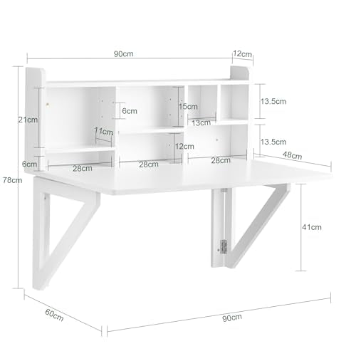 Haotian Wall Mounted Folding Table Drop-Leaf Floating Trestle Desk Computer Writing Workstation with Storage Compartments, White FWT07-II-W Haotian