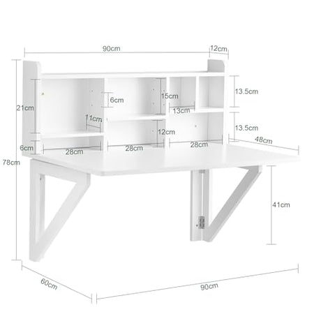 Haotian Wall Mounted Folding Table Drop-Leaf Floating Trestle Desk Computer Writing Workstation with Storage Compartments, White FWT07-II-W Haotian