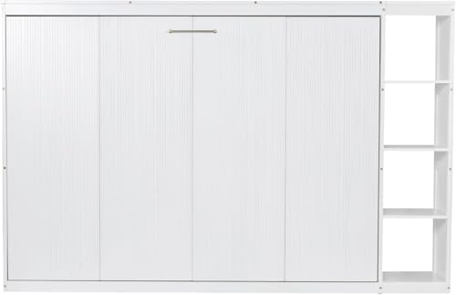 Virubi Full Horizontal Murphy Bed with Storage Shelves,Wood Fold Up Modern Murphy Wall Bed Cabinet with Storage Bookcase for Adults (White,Full) Virubi