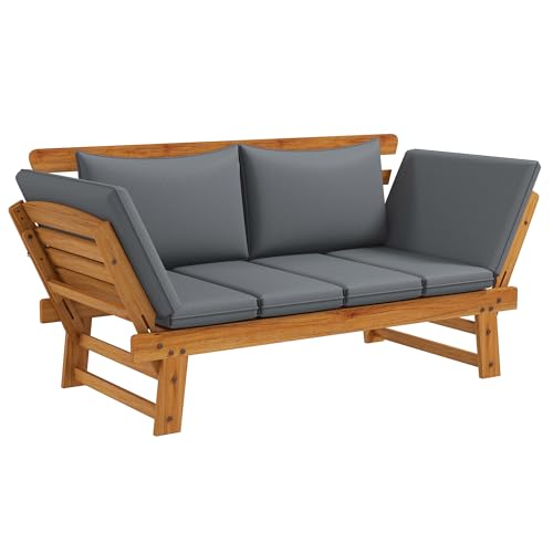 Outsunny Grey Wooden Garden Bench with Cushions and Adjustable Armrests for Outdoor Spaces - WoodArtSupply