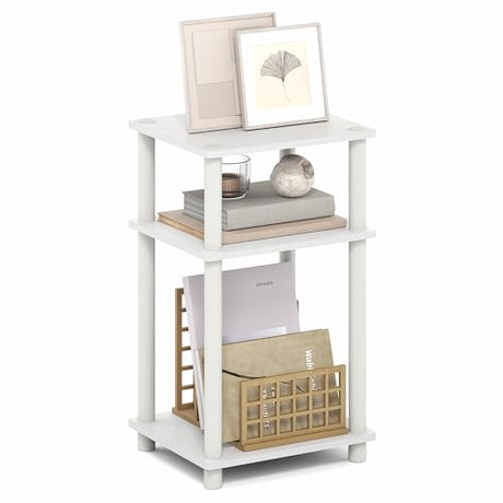 Furinno Turn-N-Tube Side Table, 3-Tier End Table with Open Shelf, Toolless Assembly Night Stand, Bedside Table, for Living Room, Bedroom, White Furinno