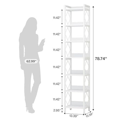 Tribesigns 78.7 Inch Extra Tall Narrow Bookshelf, 7 Tier Skinny Bookcase for Small Spaces, Freestanding Display Shelves, Multifunctional Corner Storage Organizer for Home Office, White