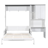 Merax Queen Size Wood Murphy Bed with Upholstered Sofa & Desk, Multifunctional Foldable Wall Platform Bed for Guest-Room, Bedroom, Space Saving, White+ Gray Merax