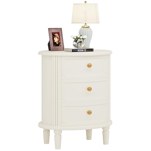 LITTLE TREE No Assembly Nightstand with 3 Drawers, Farmhouse Off-White Bedside Table for Bedroom, All Wooden Oval Nightstand with Storage LITTLE TREE
