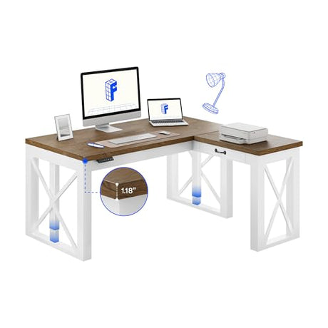 FLEXISPOT L-Shaped Executive Electric Standing Desk, 55"x48" Wood Farmhouse Home Office Height Adjustable Corner Desk with Drawer (3 Packages) FLEXISPOT