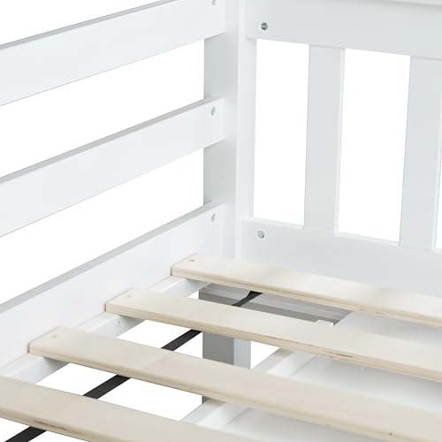 KEIKI Twin Low Loft Bed with Pull-Out Desk, Rubberwood Loft Bed with Storage Cabinets, Drawers & Shelves, Space-Saving Twin Bed for Kids, White KEIKI