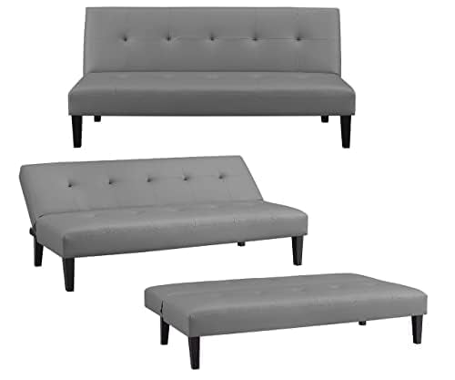 Naomi Home Tufted Faux Leather Futon Sofa Bed - Modern Convertible Folding Couch With Wooden Legs, Reclining Small Bed, Durable and Sturdy, Gray Naomi Home
