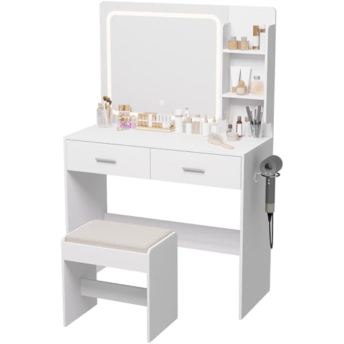 Hogxp Makeup Vanity with Lighted Mirror & Electrical Outlet - 2 Shelves, 2 Drawers, Bottom Storage - Comes with Upholstered Stool （White） Hogxp