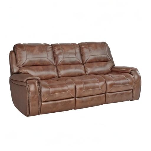 Roundhill Furniture Achern Brown Leather-Air Nailhead Manual Reclining Sofa and Loveseat with Storage Console and USB Port Roundhill Furniture