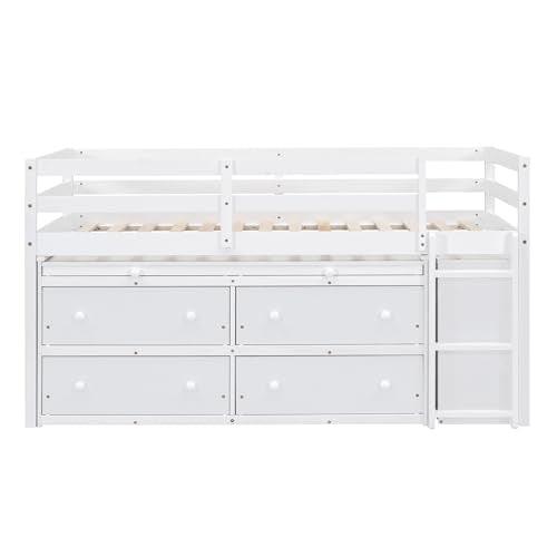 Ball & Cast Twin Size Loft Bed with Retractable Writing Desk & 4 Drawers,Wooden Bedframe W/Lateral Portable Desk & Shelves,Space Saving,Easy Assembly,Study Room Bedroom Set for Boy Girl Keens,White Ball & Cast