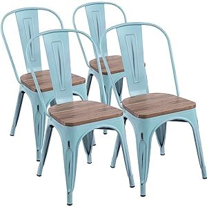 YOUNIKE Metal Chairs with Wooden Seat Modern Industrial Distressed Indoor Outdoor Metal Kitchen Dining Room Chairs Set of 4 (Dream Blue)… - WoodArtSupply