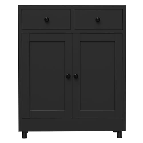 JINKUR Metal Storage Cabinet with 2 Drawers and Adjustable Shelf, Sideboard Buffet Cabinet for Home, Office, Hallway, Entryway, Living Room, Kitchen Pantry and Dining Room (Black) JINKUR