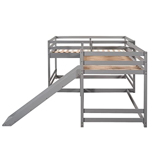 Merax Full and Twin Size L-Shaped Bunk Bed with Slide and Short Ladder,Gray Merax