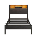Maliacife Twin Bed Frames with Charging Station and LED Lights,Twin Size Platform Bed with Bookcase Storage,Wood Headboard with Metal Slats, No Box Spring Needed, Easy Assembly, Noise-Free, Black Maliacife