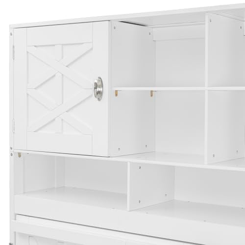 Queen Horizontal Murphy Bed with Storage Shelves,Wood Folding Hideaway Murphy Wall Bed with Storage Bookcase for Adults (A White) MERITLINE