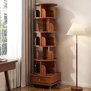 Hayiodda 6 Tier Rotating Bookshelf with Storage Cabinet, Spining Bookshelf Tower with Wheels, 360° Display Corner Bookcase for Small Spaces, Wood Corner Shelf for Home Office, Walunt Hayiodda