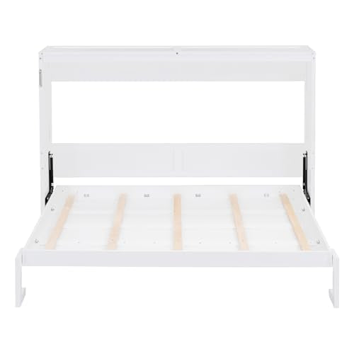 Ball & Cast Full Size Murphy Bed,Hideaway Beds with Dual Piston Metal Folding Mechanism Designed,Wood Wall Cabinets Bedframe w/Slat Support and Storage Platform Top,Hardware Chain,for Apartment,White Ball & Cast