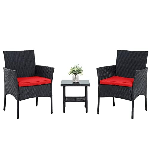 Ruesleag Patio Furniture 3 Pieces Outdoor Wicker Patio Furniture Conversation Set Patio Set Bistro Table Set for Backyard Porch Poolside Garden Balcony Lawn,Glass Coffee Table &RattanChairs Set,Red Ruesleag