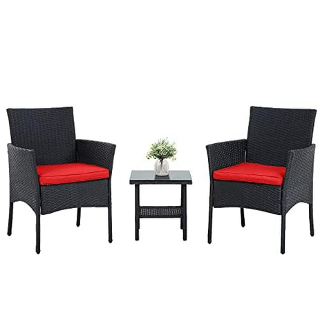 Ruesleag Patio Furniture 3 Pieces Outdoor Wicker Patio Furniture Conversation Set Patio Set Bistro Table Set for Backyard Porch Poolside Garden Balcony Lawn,Glass Coffee Table &RattanChairs Set,Red Ruesleag