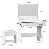 Homesflex Modern White Makeup Vanity Desk with Adjustable Lights, Mirror, and Storage - Complete Vanity Set with Drawers, Shelves, and Stool Homesflex