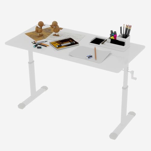 Penau Adjustable Height Standing Desk, Manual Crank Sit to Stand Computer Desk, Minimalist White Engineered Wood Top, T-Shape Iron Frame for Home Office, 47.24 x 23.62 x 35.43 Inchs. Penau