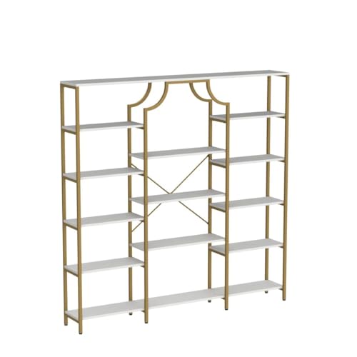 Loomie Gold & White Triple Wide Bookshelf with 13 Open Shelves - Modern Etagere Bookcase for Any Room - WoodArtSupply