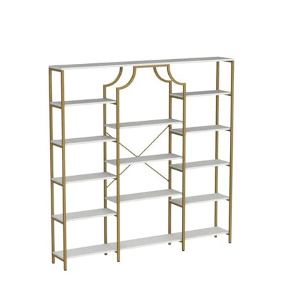 Loomie Gold & White Triple Wide Bookshelf with 13 Open Shelves - Modern Etagere Bookcase for Any Room - WoodArtSupply