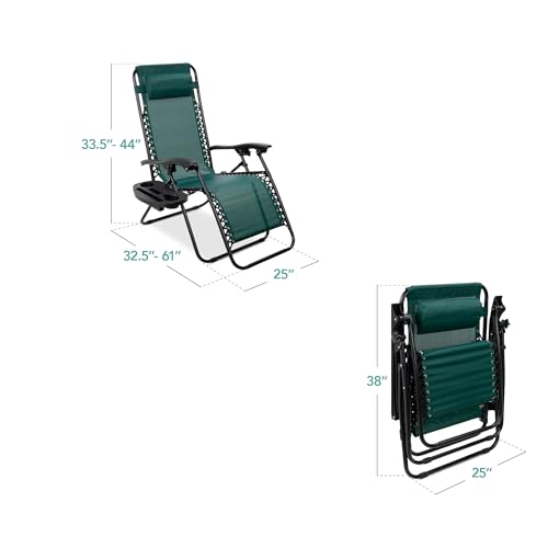 Best Choice Products Set of 2 Adjustable Steel Mesh Zero Gravity Lounge Chair Recliners w/Pillows and Cup Holder Trays - Forest Green