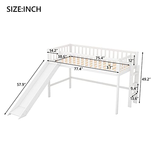 Twin Size Low Loft Bed with Removable Slide and Safety Rails by RORIGAT – Solid Pine Wood Frame, Space-Saving Design in White - WoodArtSupply