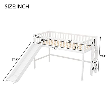 Twin Size Low Loft Bed with Removable Slide and Safety Rails by RORIGAT – Solid Pine Wood Frame, Space-Saving Design in White - WoodArtSupply